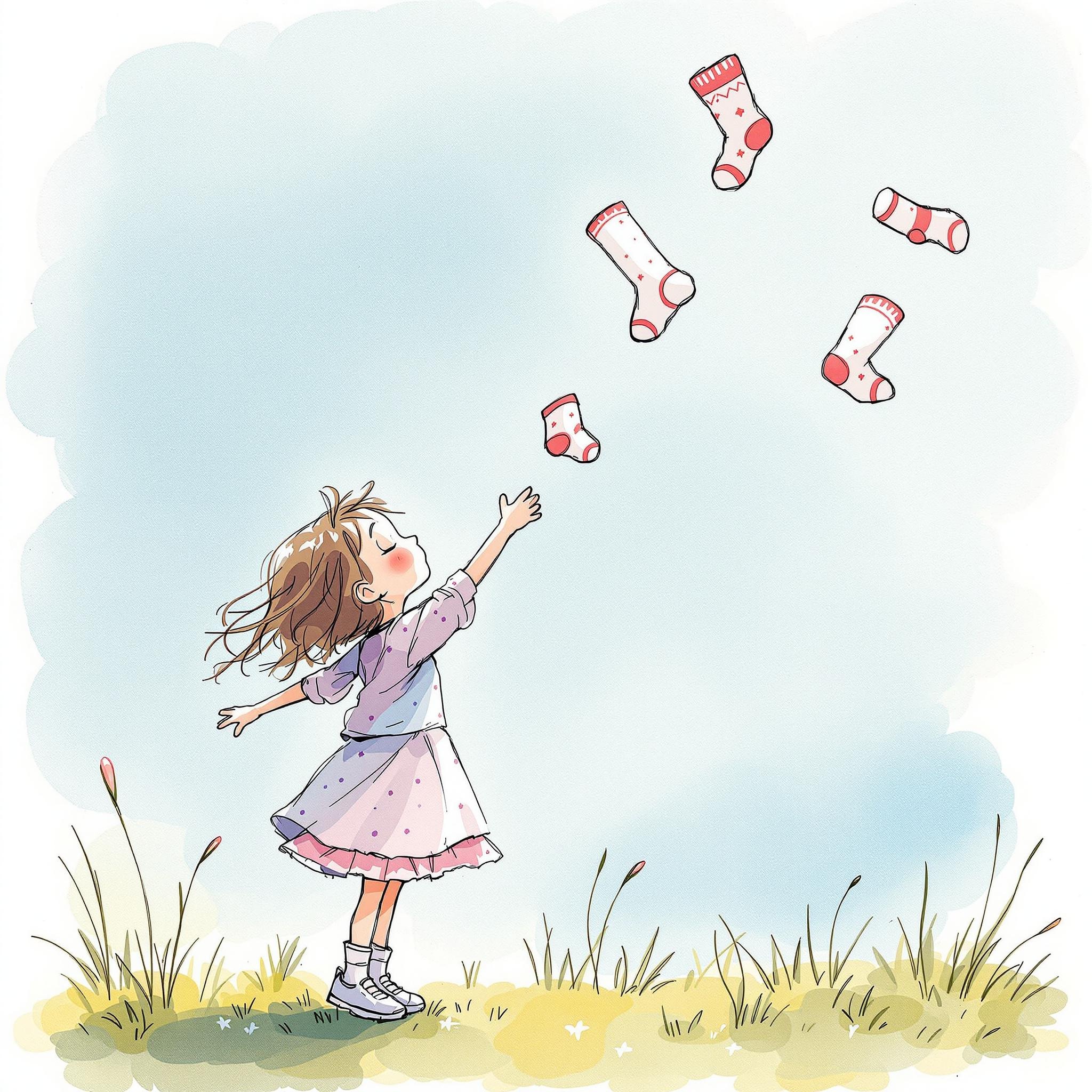 Histoire enfant drôle : petite fille attrape des chaussettes volantes