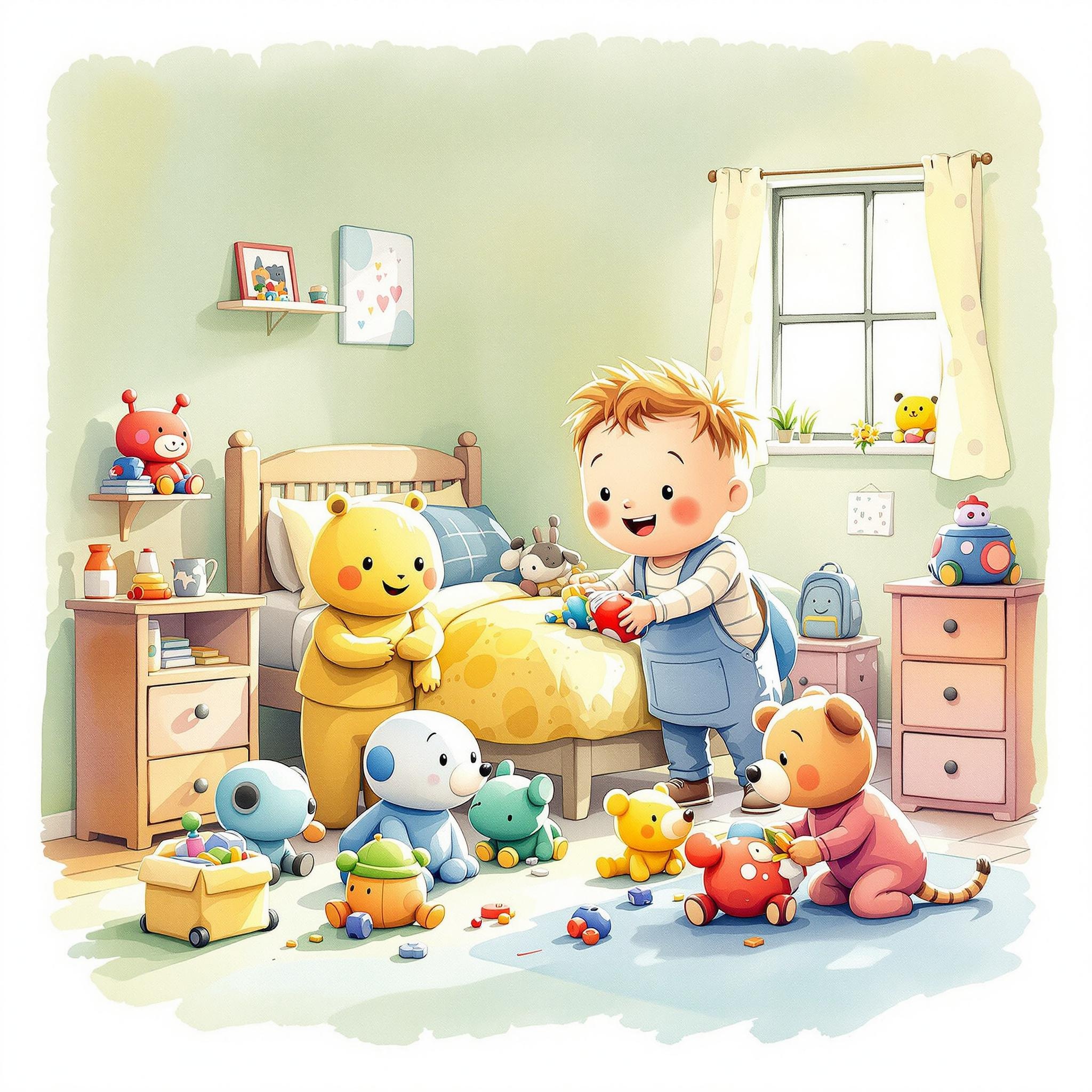 Histoire drôle : des jouets rangent la chambre d'un petit garçon